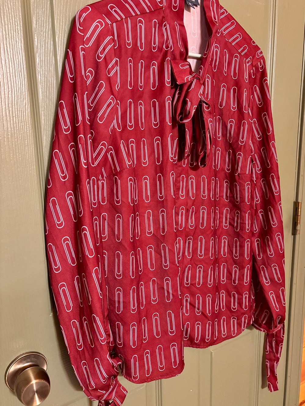 ModCloth Red Paperclip-Print Tie-Neck Blouse